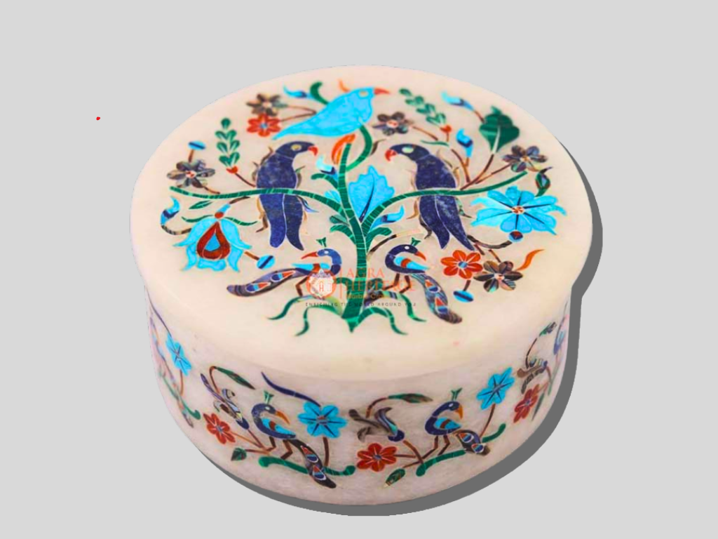 White Marble Peacock Semi Precious Jewelry Box