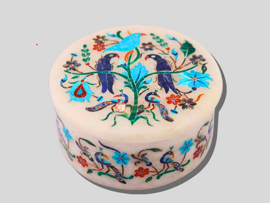 White Marble Peacock Semi Precious Jewelry Box