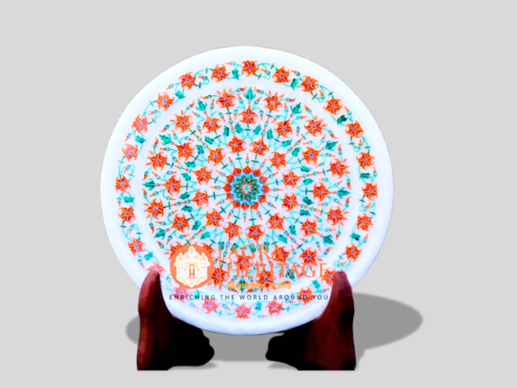 White Marble Inlay Plate Carnelian Malachite Floral Design