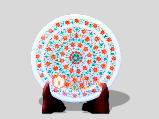 White Marble Inlay Plate Carnelian Malachite Floral Design