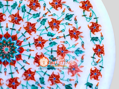White Marble Inlay Plate Carnelian Malachite Floral Design