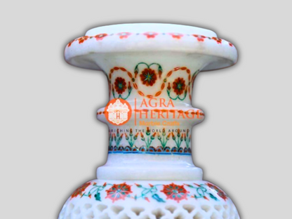 Filigree Marble Vase Carnelian Malachite Inlay Floral Home Decor