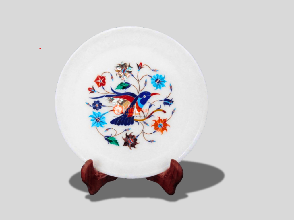 White Marble Birds Inlay Floral Work Serving Plate Art