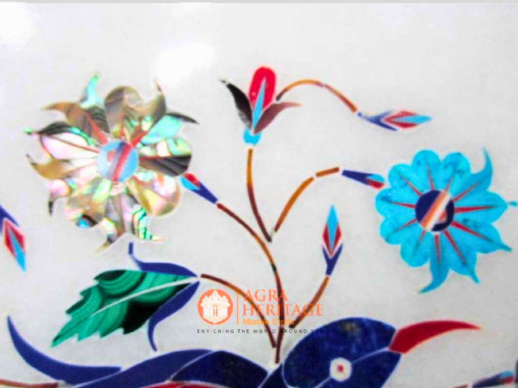 White Marble Birds Inlay Floral Work Serving Plate Art