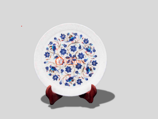 White Marble Lapis Birds Art Design Kitchen Plate
