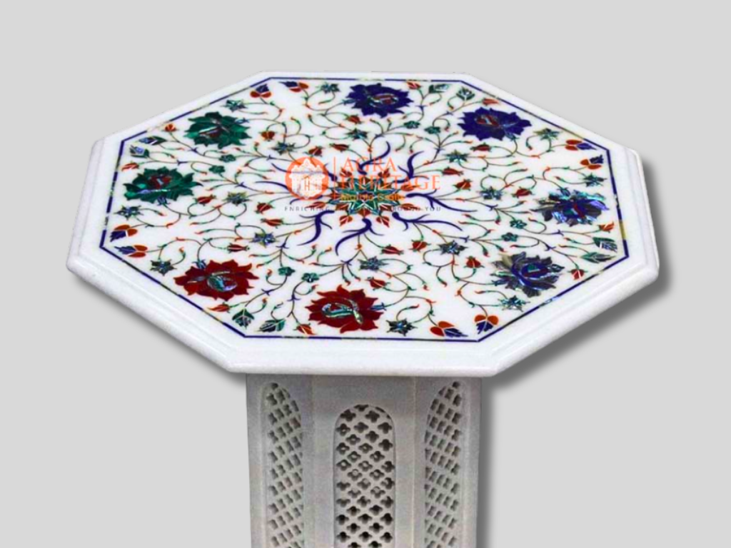 White Top Coffee Table Malachite Inlay Floral Patio Décor
