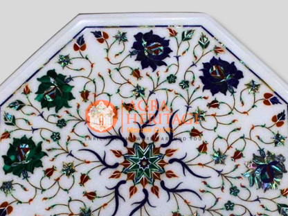 White Top Coffee Table Malachite Inlay Floral Patio Décor
