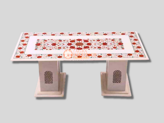 White Top Center Table Carnelian Inlay Pietradura Floral Art