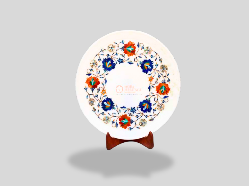 Marble Table Decor Plate Lapis Inlay Floral Design Decor