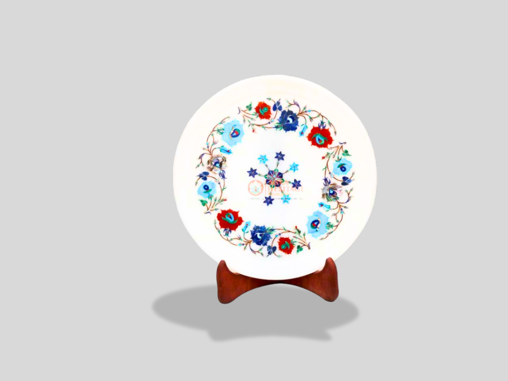Marble Dining Plate Turquoise Inlay Semi Precious Floral Art Decor