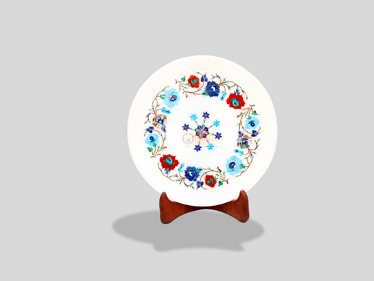Marble Dining Plate Turquoise Inlay Semi Precious Floral Art Decor