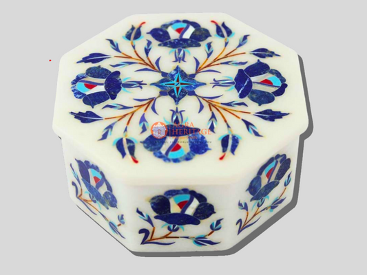 Marble Jewelry Keepsake Box Lapis Inlay Art
