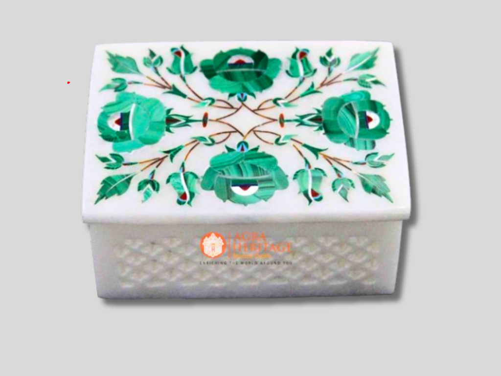 White Marble Malachite Floral Interior Marquetry Storage Box