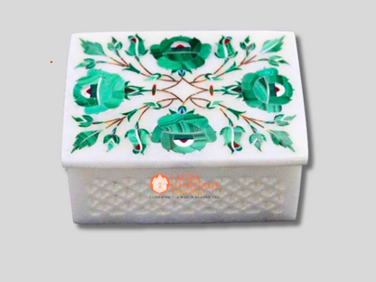 White Marble Malachite Floral Interior Marquetry Storage Box
