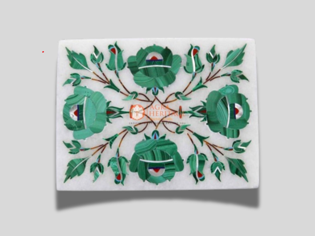 White Marble Malachite Floral Interior Marquetry Storage Box