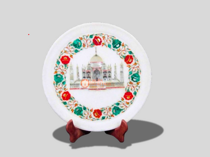 White Marble Carnelian Inlay Floral Taj Mahel Art Dish Plate