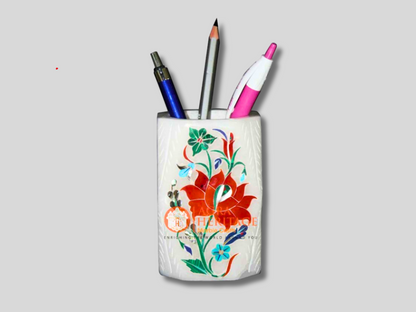 Carnelian Gemstone Inlay White Pen and Pencil Holder