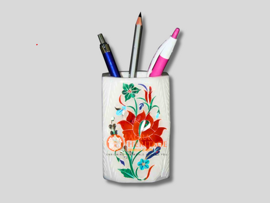 Carnelian Gemstone Inlay White Pen and Pencil Holder