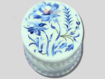 Hand Carving Marble Jewelry Box Lapis Lazuli Inlaid
