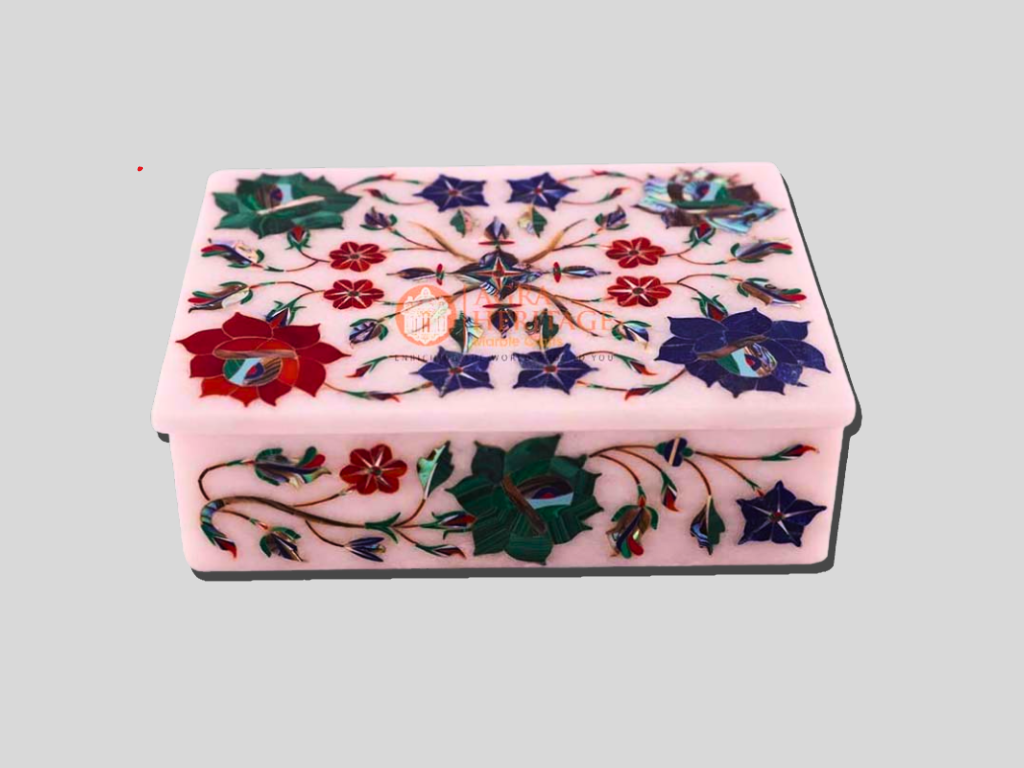 White Marble Vintage Box Semi Precious Floral Art