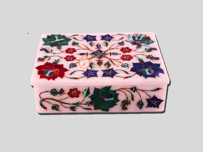 White Marble Vintage Box Semi Precious Floral Art