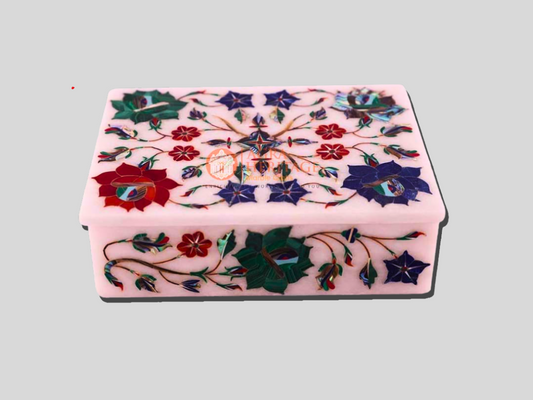 White Marble Vintage Box Semi Precious Floral Art