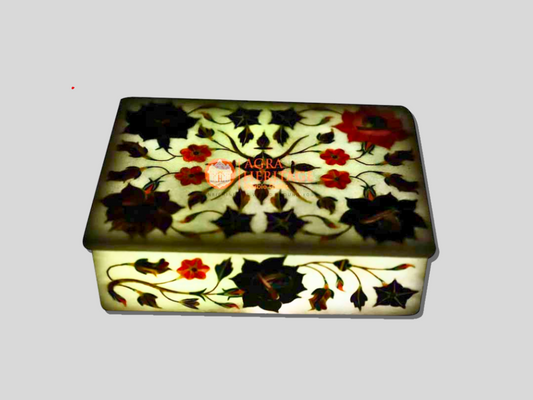 White Marble Vintage Box Semi Precious Floral Art