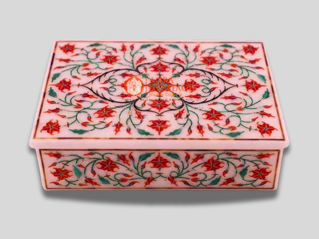 Marble Jewelry Box Carnelian Marquetry Floral Art