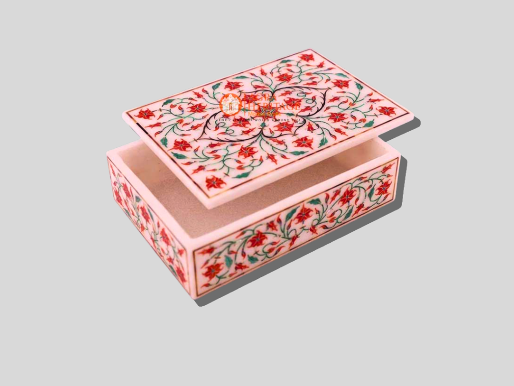Marble Jewelry Box Carnelian Marquetry Floral Art