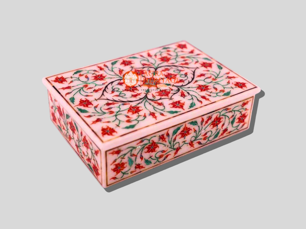 Marble Jewelry Box Carnelian Marquetry Floral Art