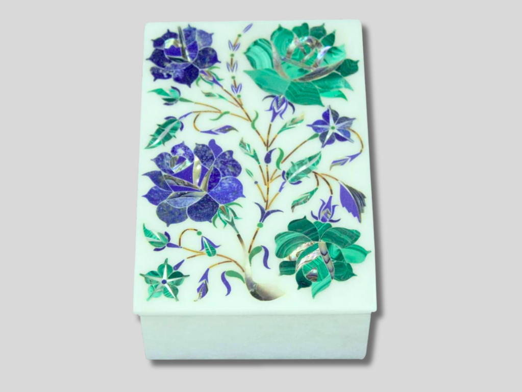 Marble Box Lapis Malachite Inlay Floral Marquetry Arts