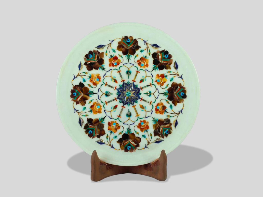 White Marble Serving Plate Handicraft Inlay Floral Arts