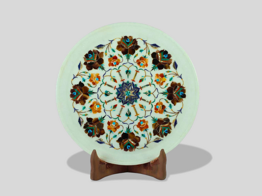 White Marble Serving Plate Handicraft Inlay Floral Arts