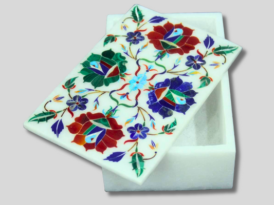 Marble Inlay Boxes Malachite Carnelian Floral Decor