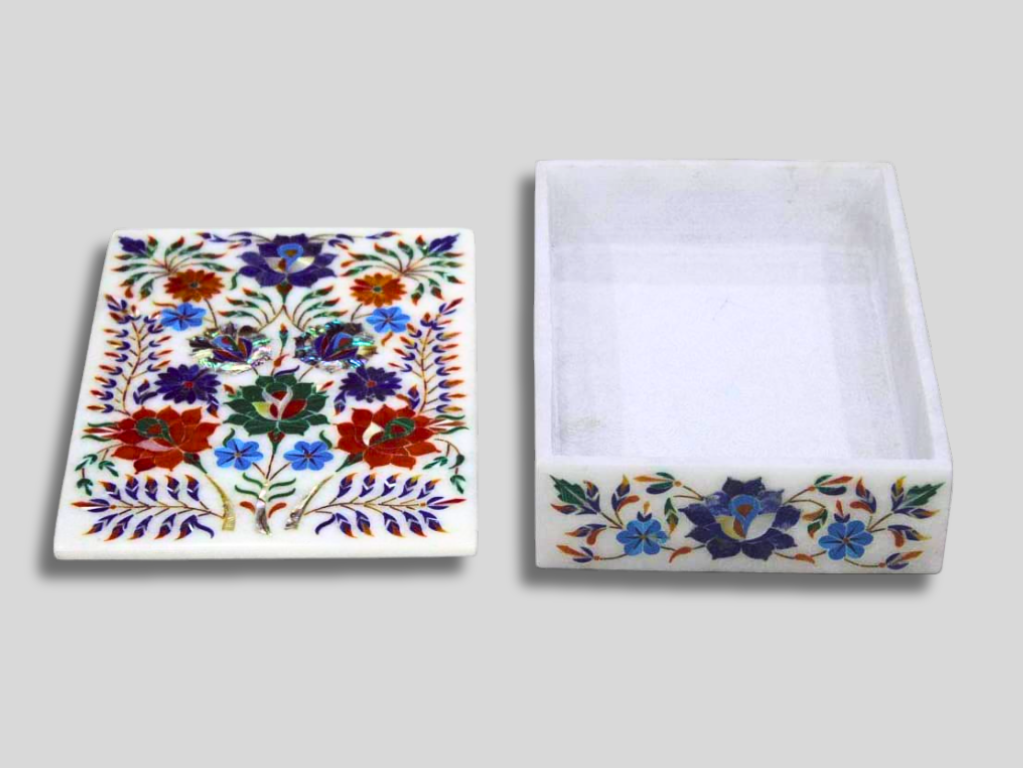 Marble Jewelry Box Lapis Multi Inlay Floral Design