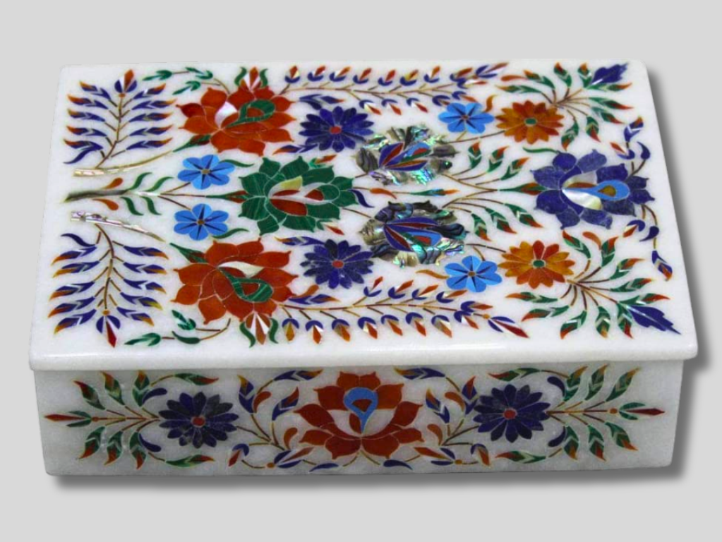 Marble Jewelry Box Lapis Multi Inlay Floral Design