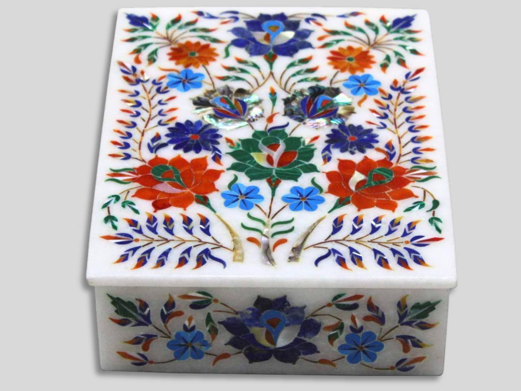 Marble Jewelry Box Lapis Multi Inlay Floral Design