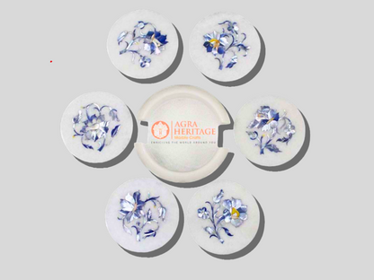 Handmade White Marble Lapis Floral Coaster Set