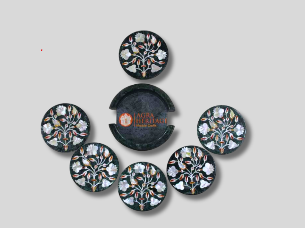 Black Marble Pauashell Floral Teapot Coaster Set