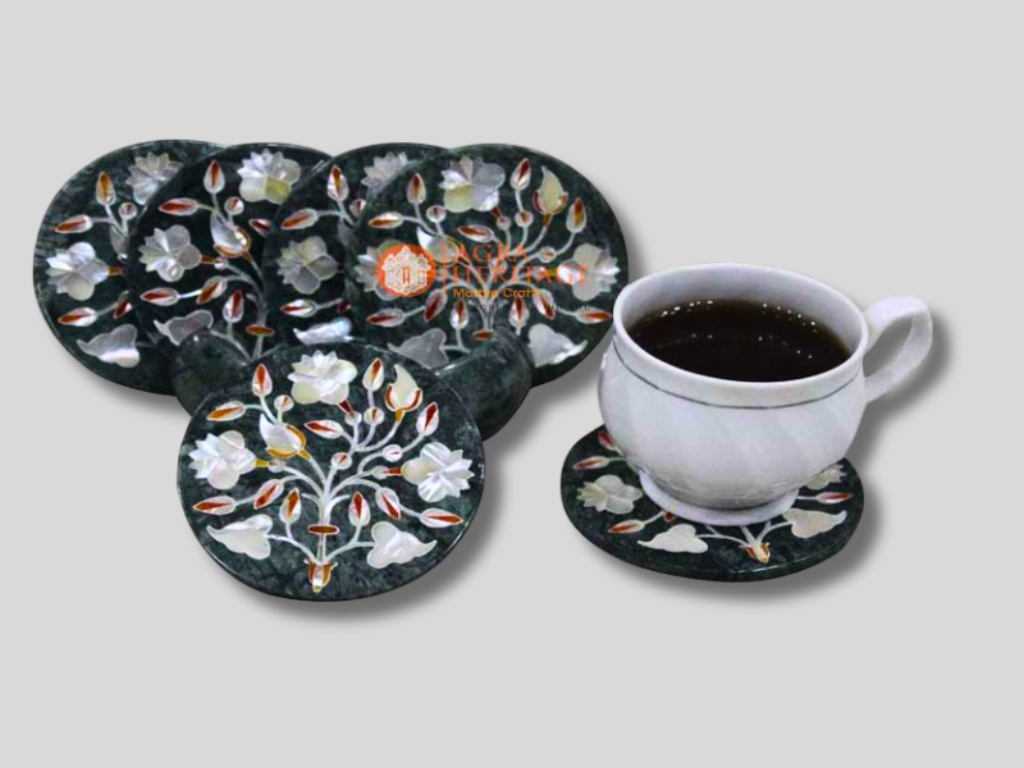 Black Marble Pauashell Floral Teapot Coaster Set