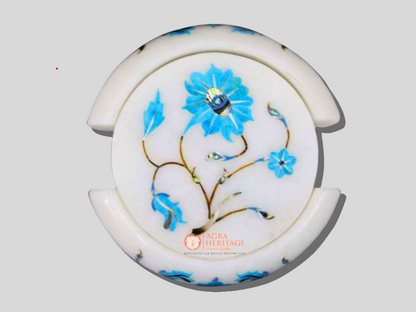 Marble White Turquoise Stone Floral Coaster Set