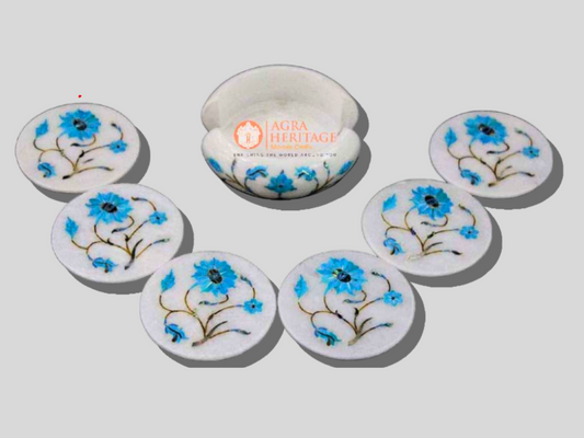 Marble White Turquoise Stone Floral Coaster Set
