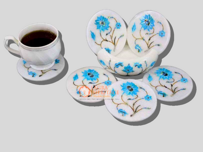 Marble White Turquoise Stone Floral Coaster Set