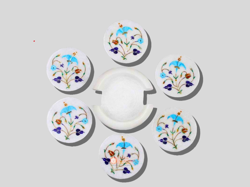 White Marble Cup Tea Coaster Set With Holder