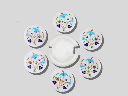 White Marble Cup Tea Coaster Set With Holder