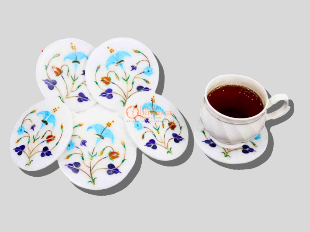 White Marble Cup Tea Coaster Set With Holder