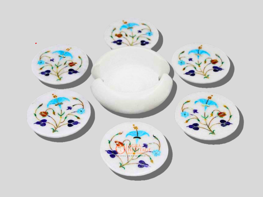 White Marble Cup Tea Coaster Set With Holder