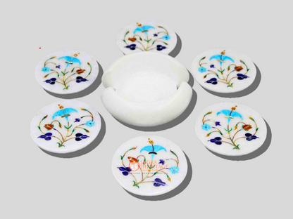 White Marble Cup Tea Coaster Set With Holder