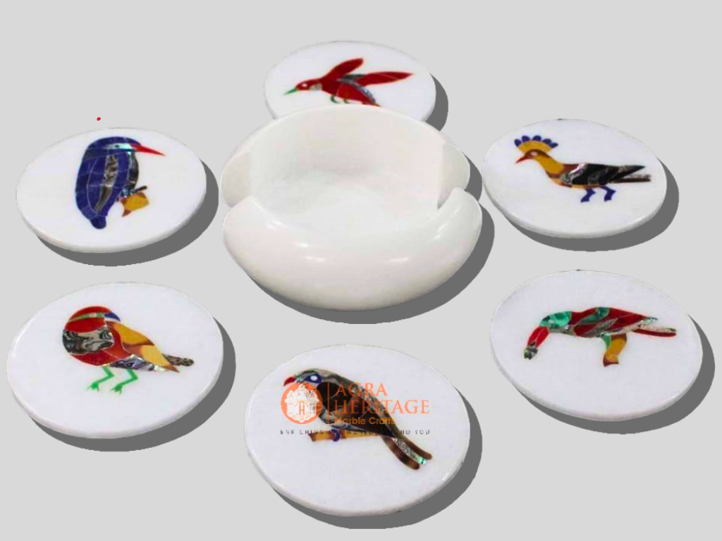 Marble Inlay Coaster Set Bird Marquetry Design