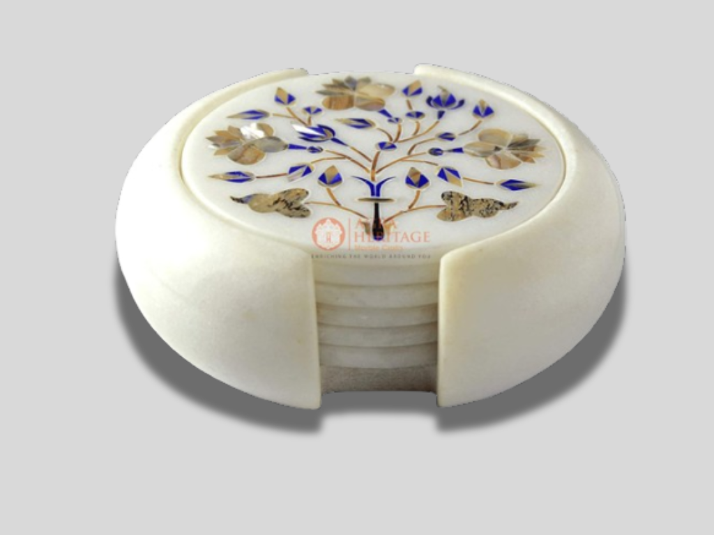 Round Marble Paua Shell Coaster Set Inlay Floral Special Love Gifts